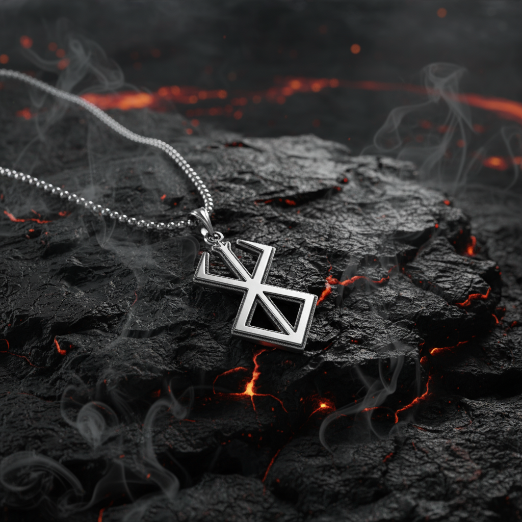 Sacrifice Pendant Anime Inspired on a smoky background with lava accents, showcasing 925 sterling silver craftsmanship.