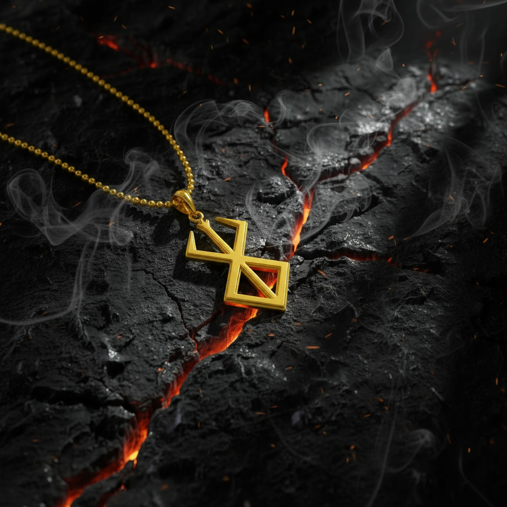 Sacrifice Pendant Anime Inspired on a smoky background with glowing cracks, showcasing its intricate gold design.