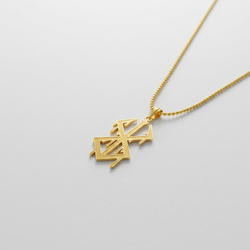 Gold necklace with a pendant on a dark, textured surface with a smoky background