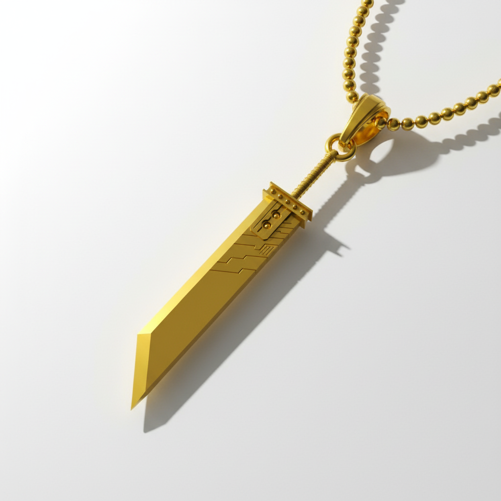 Fantasy Sword Pendant with Materia in 14K Gold displayed on a chain, showcasing its intricate design and solid gold craftsmanship.