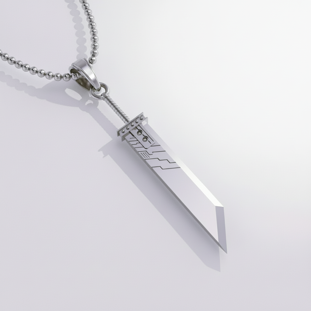 Fantasy Sword Pendant with Materia in 14K Gold, featuring a sleek white gold design and intricate details.