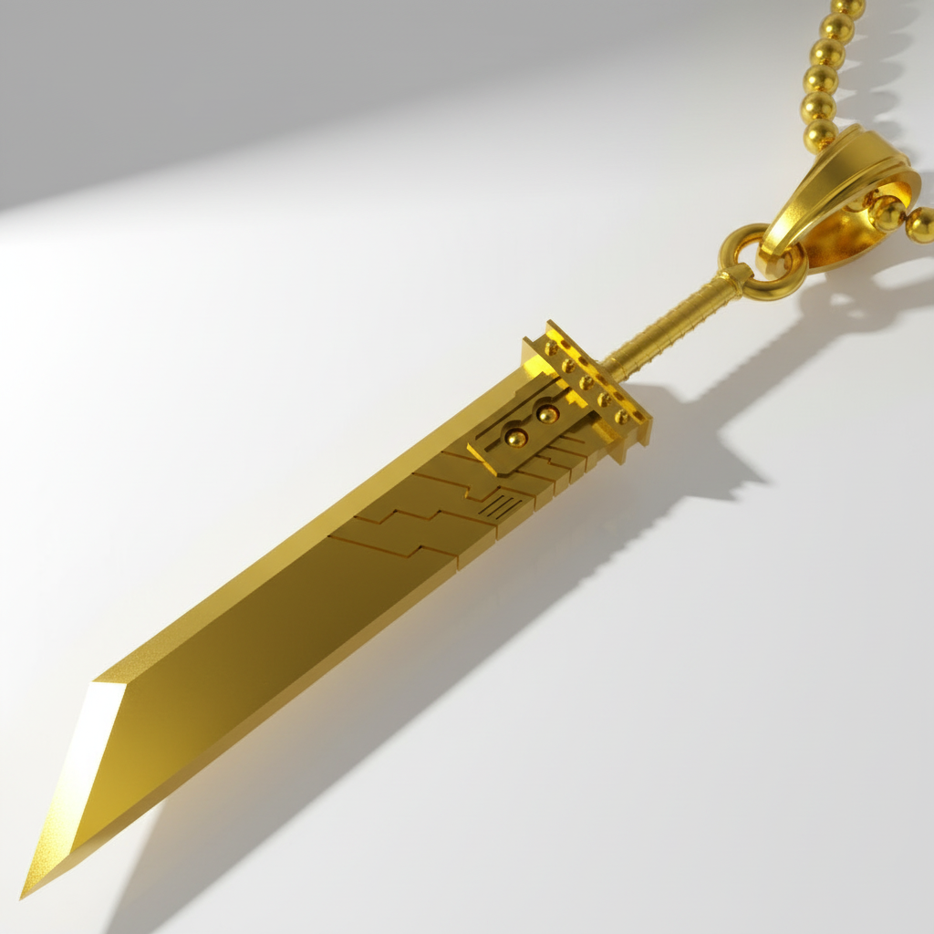Fantasy Sword Pendant with Materia in 14K Gold, showcasing a sleek gold sword design on a chain.