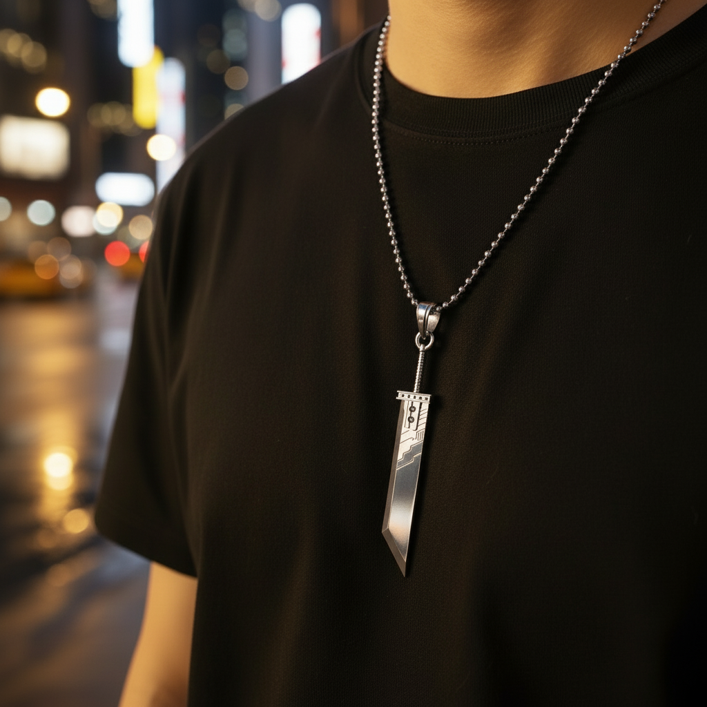 Fantasy Sword Pendant with Materia in 14K Gold worn on a black shirt, showcasing its elegant design and craftsmanship.