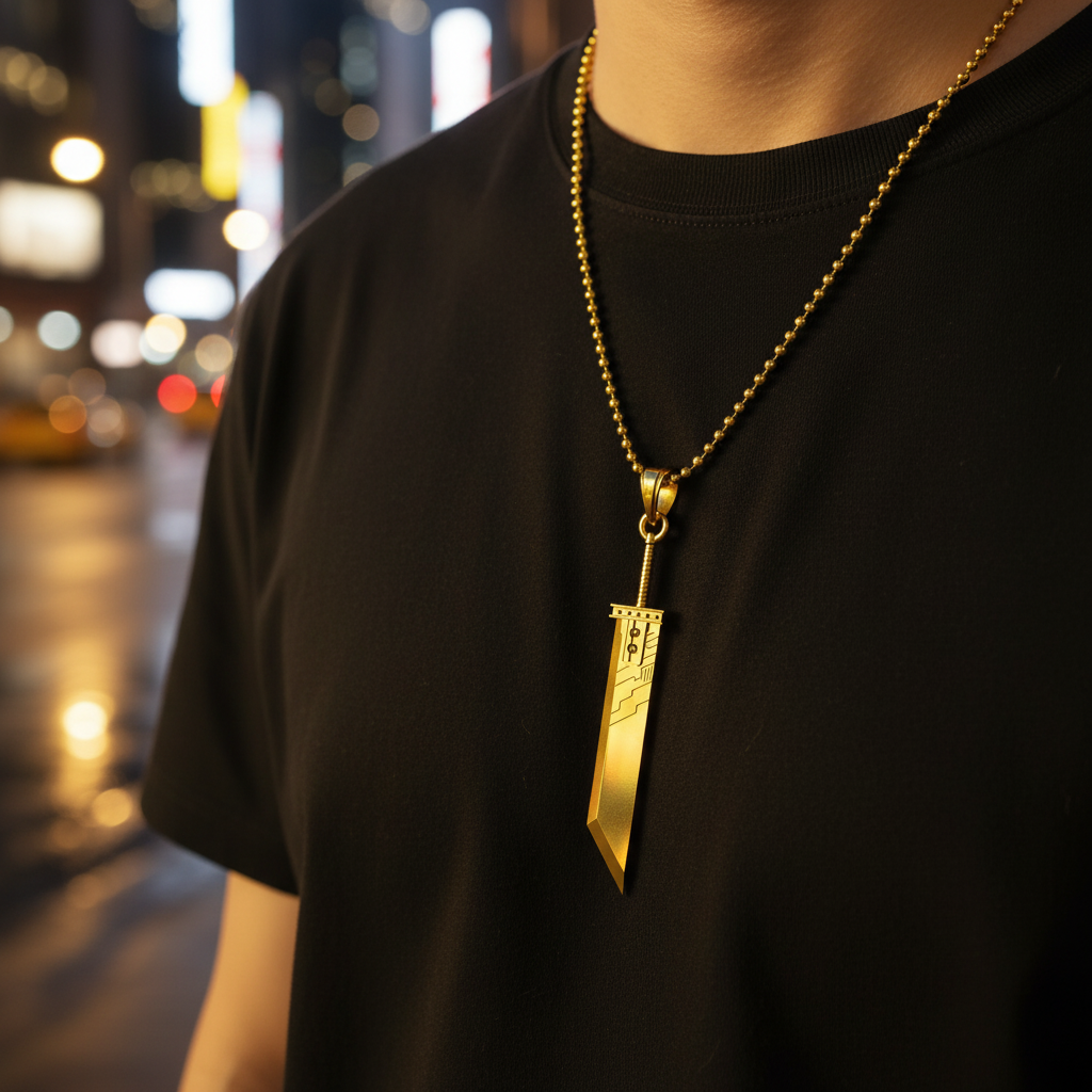 Fantasy Sword Pendant with Materia in 14K Gold worn on a black t-shirt in a city setting.