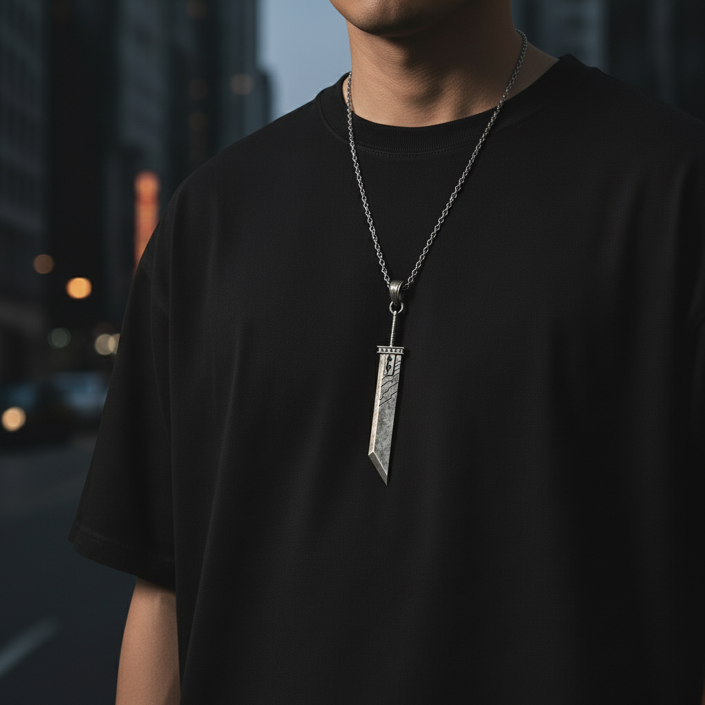 Person wearing a black t-shirt with a silver necklace featuring a pendant.