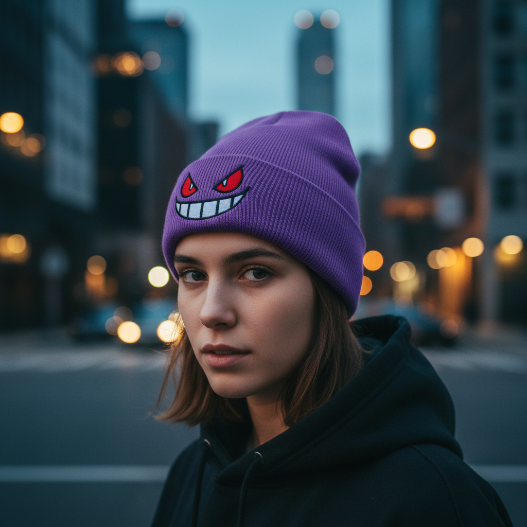 Person wearing a purple beanie with a cartoon character design in an urban setting at night.