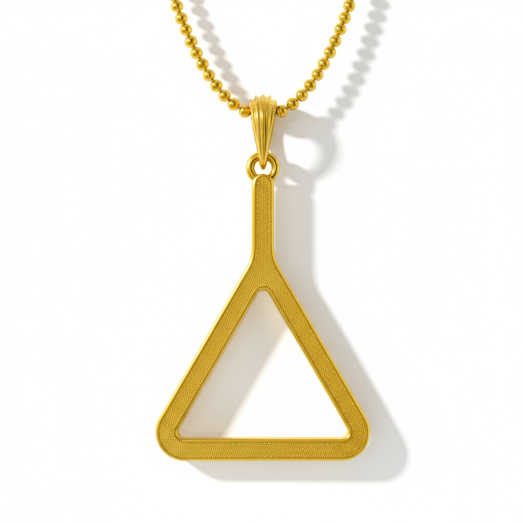A 14K gold triangle-shaped pendant necklace displayed against a blurred background with greenery.