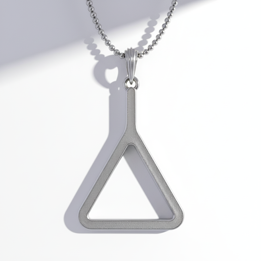 A 14K gold triangle-shaped pendant necklace displayed against a blurred background with greenery.