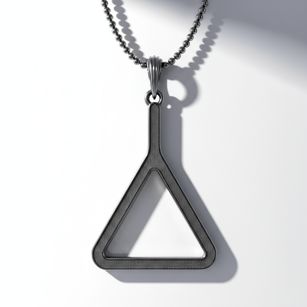 A sterling silver triangle pendant with a chainsaw and character engraving on a red background with 'CHAINSAW MAN' written in bold letters.