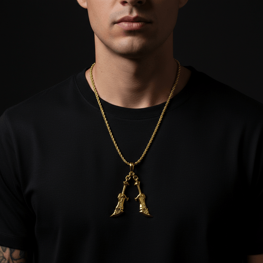 Man wearing a black t-shirt with a gold necklace featuring a pendant.