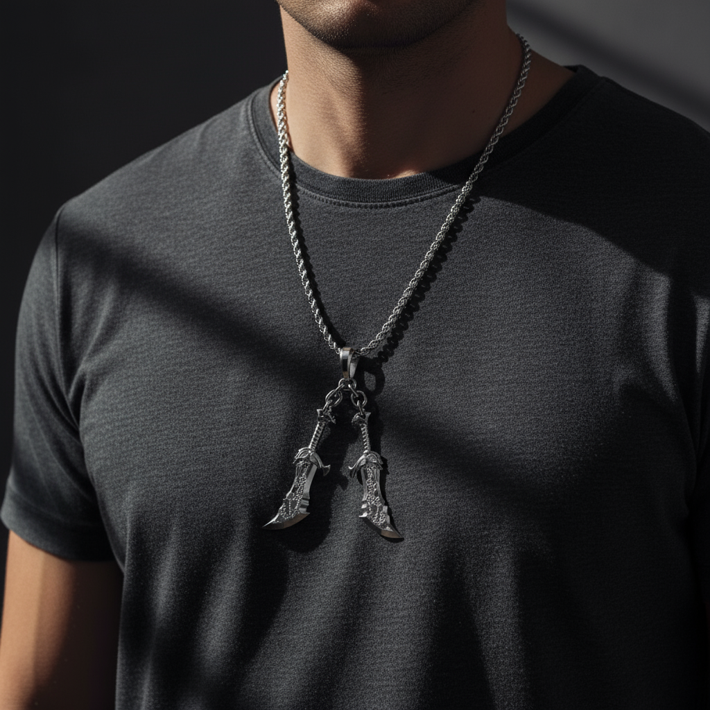 Man wearing a dark gray t-shirt with a necklace featuring two pendants against a black background
