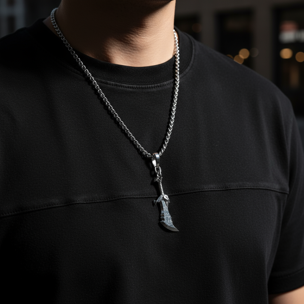 Silver axe-shaped pendant on a chain against a black background