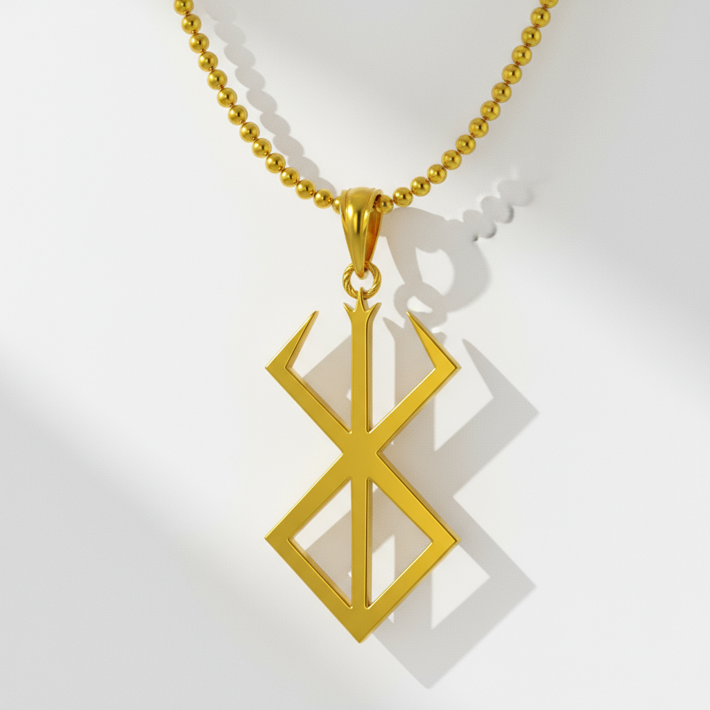 A 14K gold pendant with a minimalistic geometric design on a chain, displayed against a dark background with rocks.