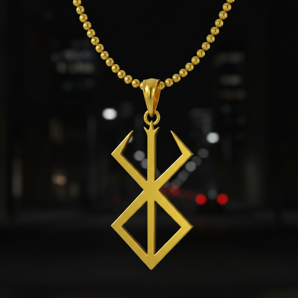 Gold necklace with a geometric pendant against a blurred cityscape background