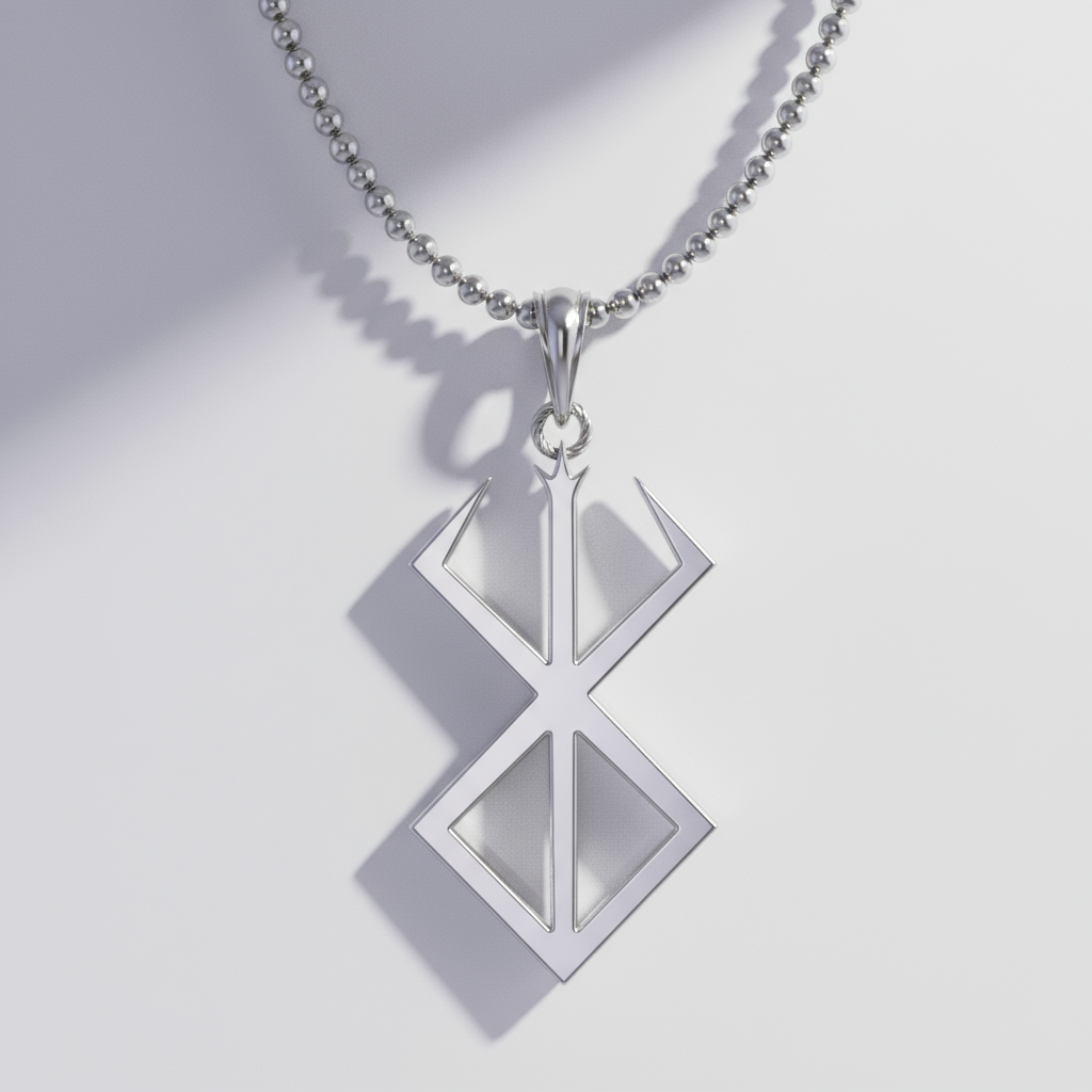 A 14K gold pendant with a minimalistic geometric design on a chain, displayed against a dark background with rocks.