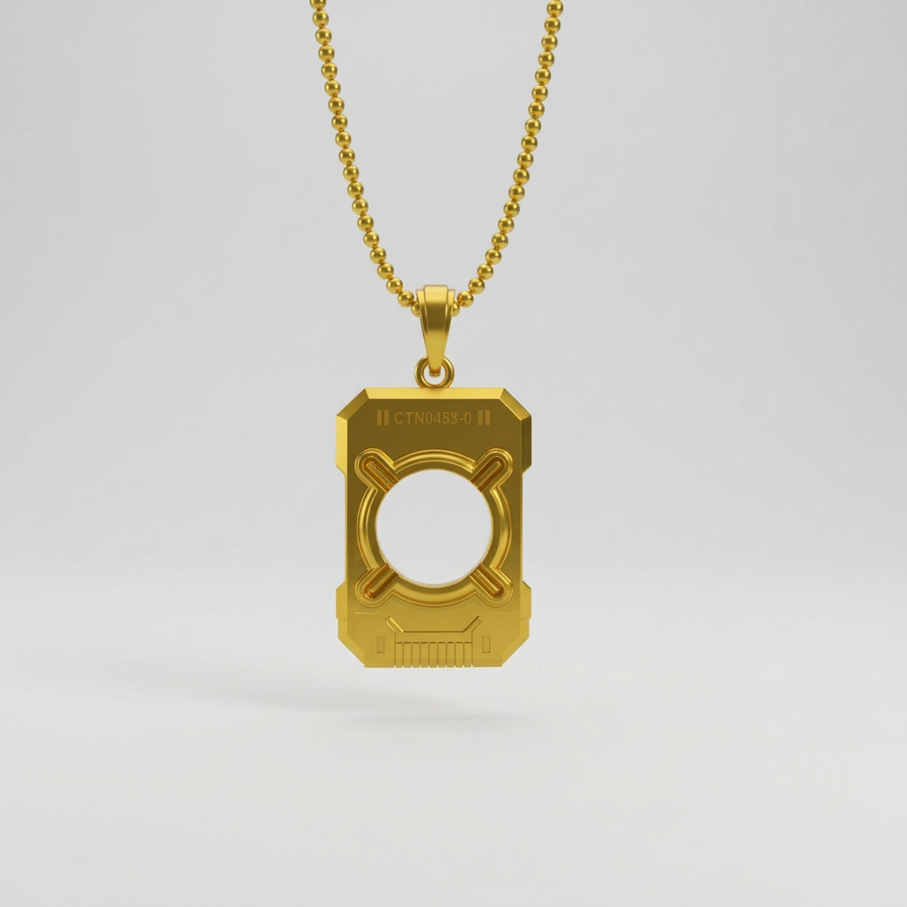 A silver pendant with a three-dimensional design resembling a data chip, held by a hand wearing a space suit, against the backdrop of a futuristic spacecraft interior.