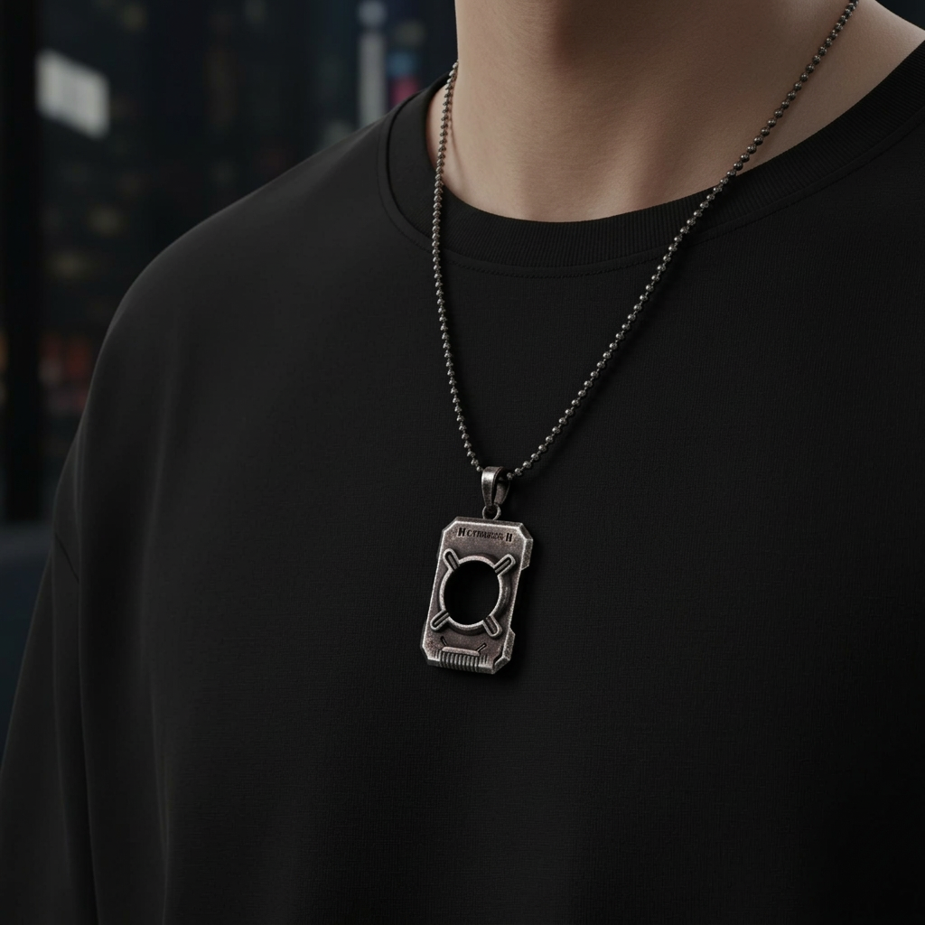 Person wearing a black shirt with a silver pendant necklace against a dark background