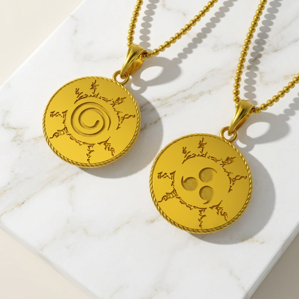 Two gold necklaces with circular pendants on a white background