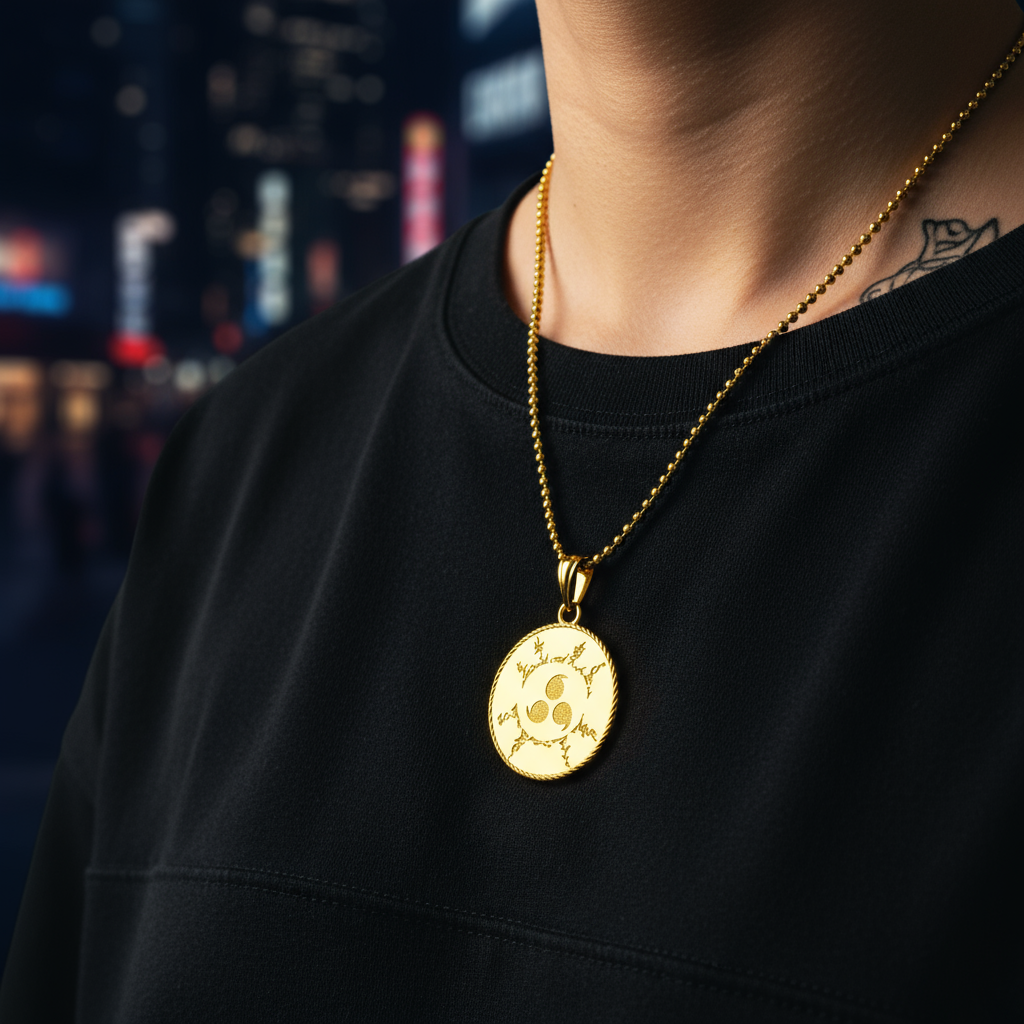 Two 14K gold pendants with engraved seal designs, one yellow and one white gold, on a chain against a wooden background.