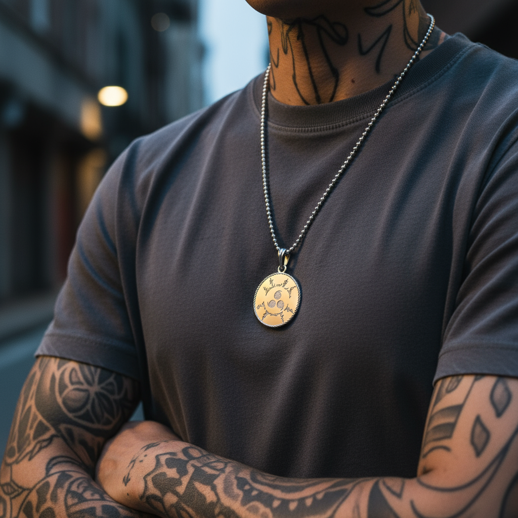 Man with tattoos wearing a dark gray t-shirt and a necklace with a gold pendant.