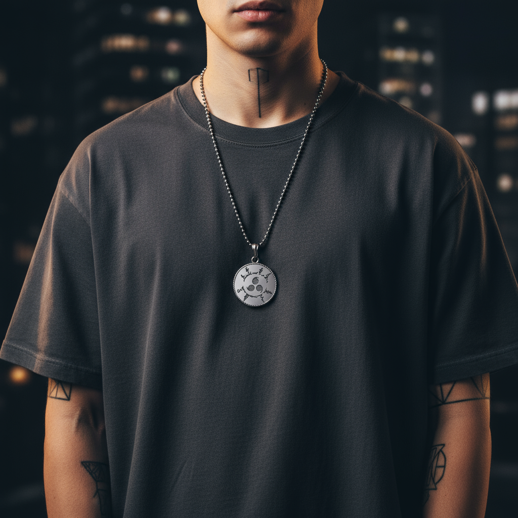 Person wearing a dark t-shirt with a necklace featuring a circular pendant against a blurred cityscape background.