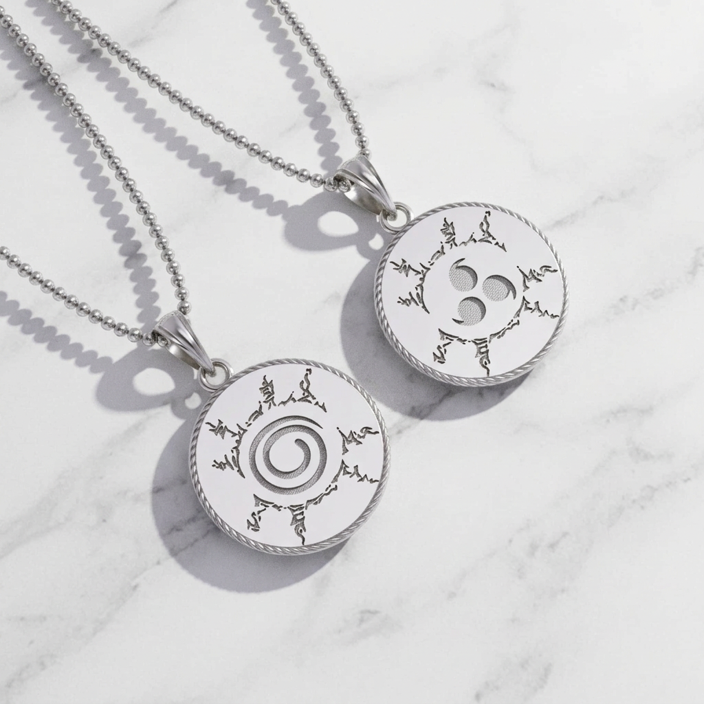 Two silver necklaces with circular pendants on a light gray background