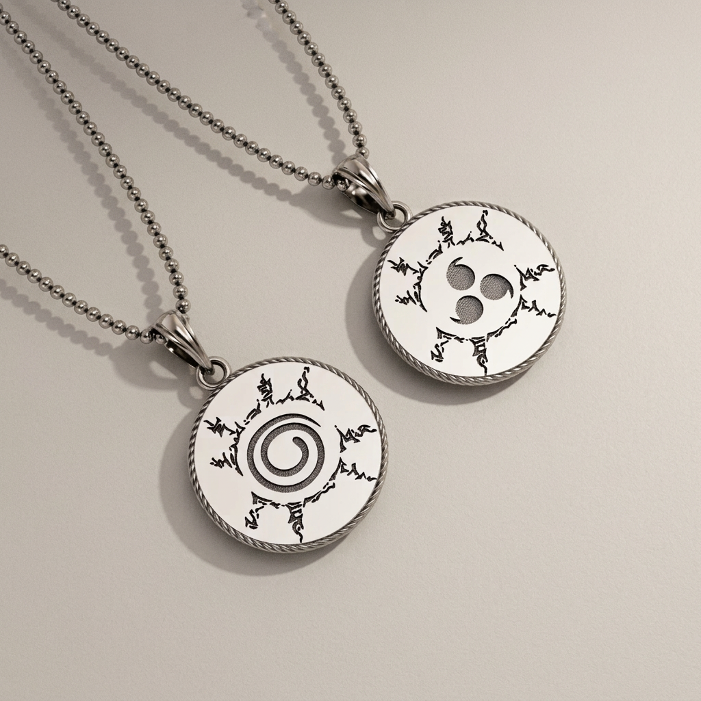 Two silver necklaces with circular pendants on a light gray background