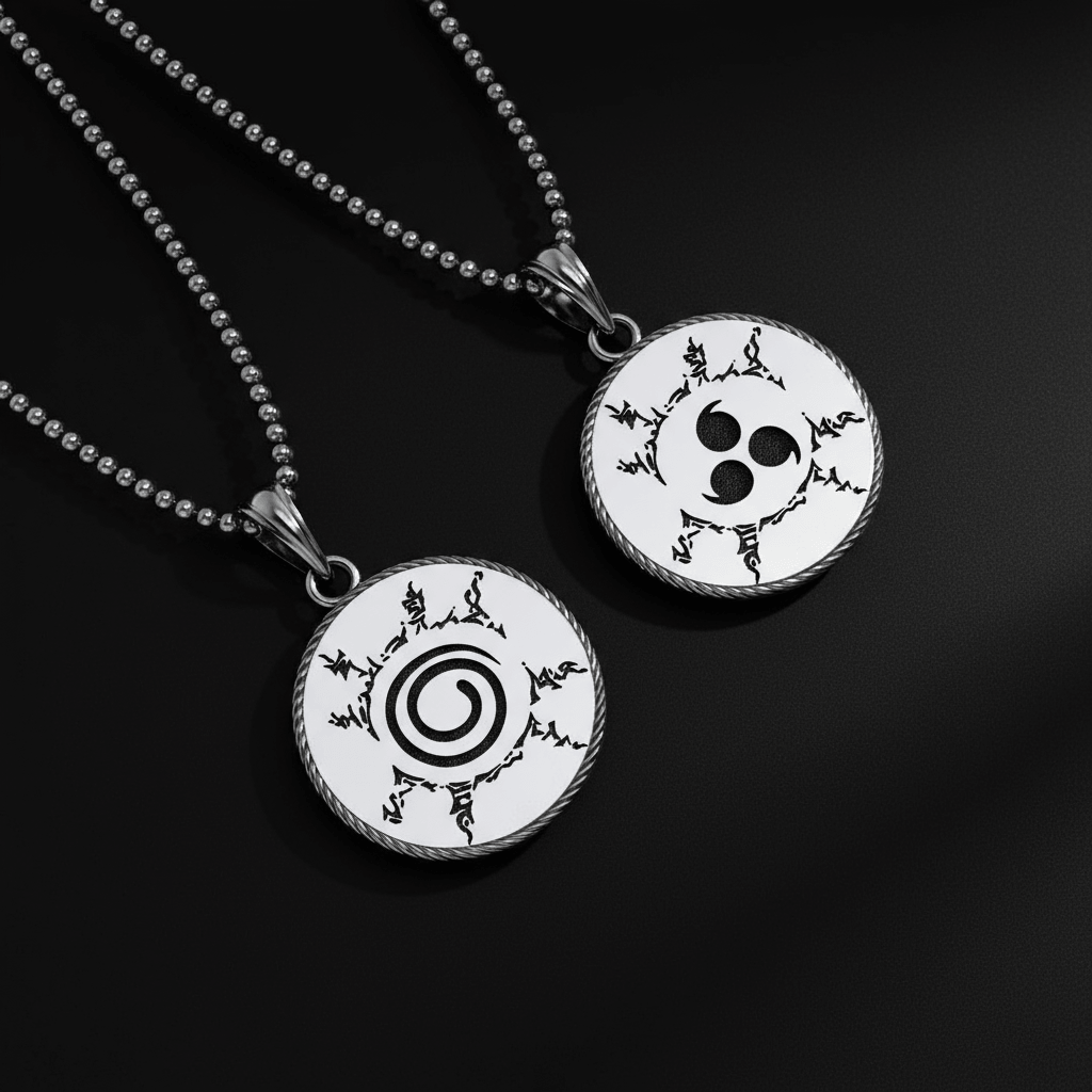 Two round pendants with black and white designs on a dark background