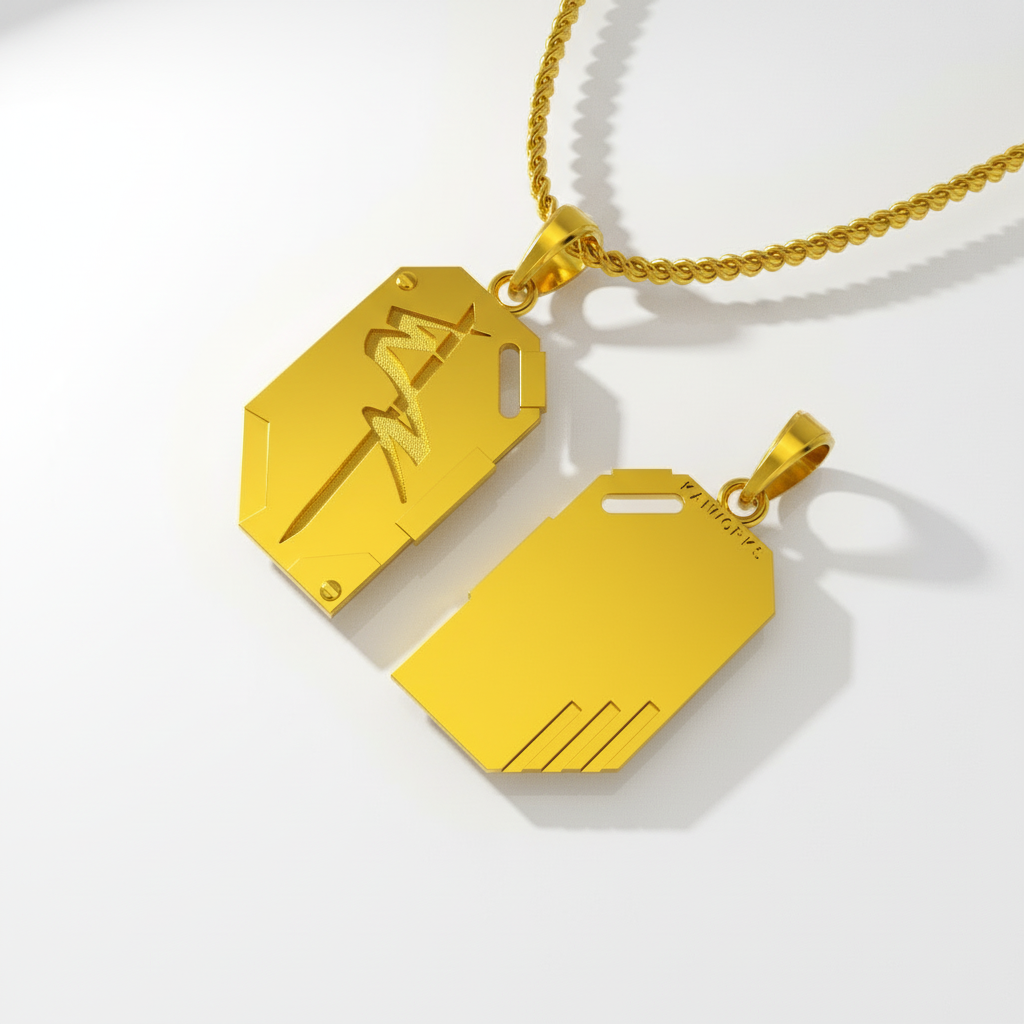 Two yellow pendant tags on a gold chain against a white background