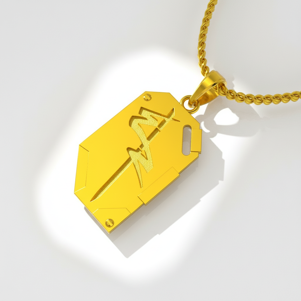 Gold pendant with a unique design on a white background