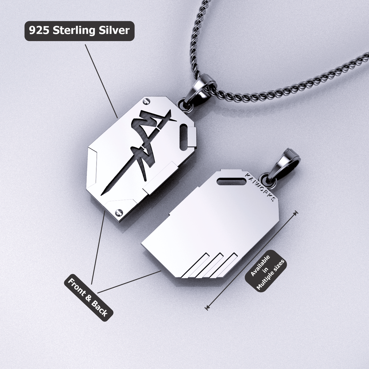 Two silver pendant tags on a gold chain against a white background