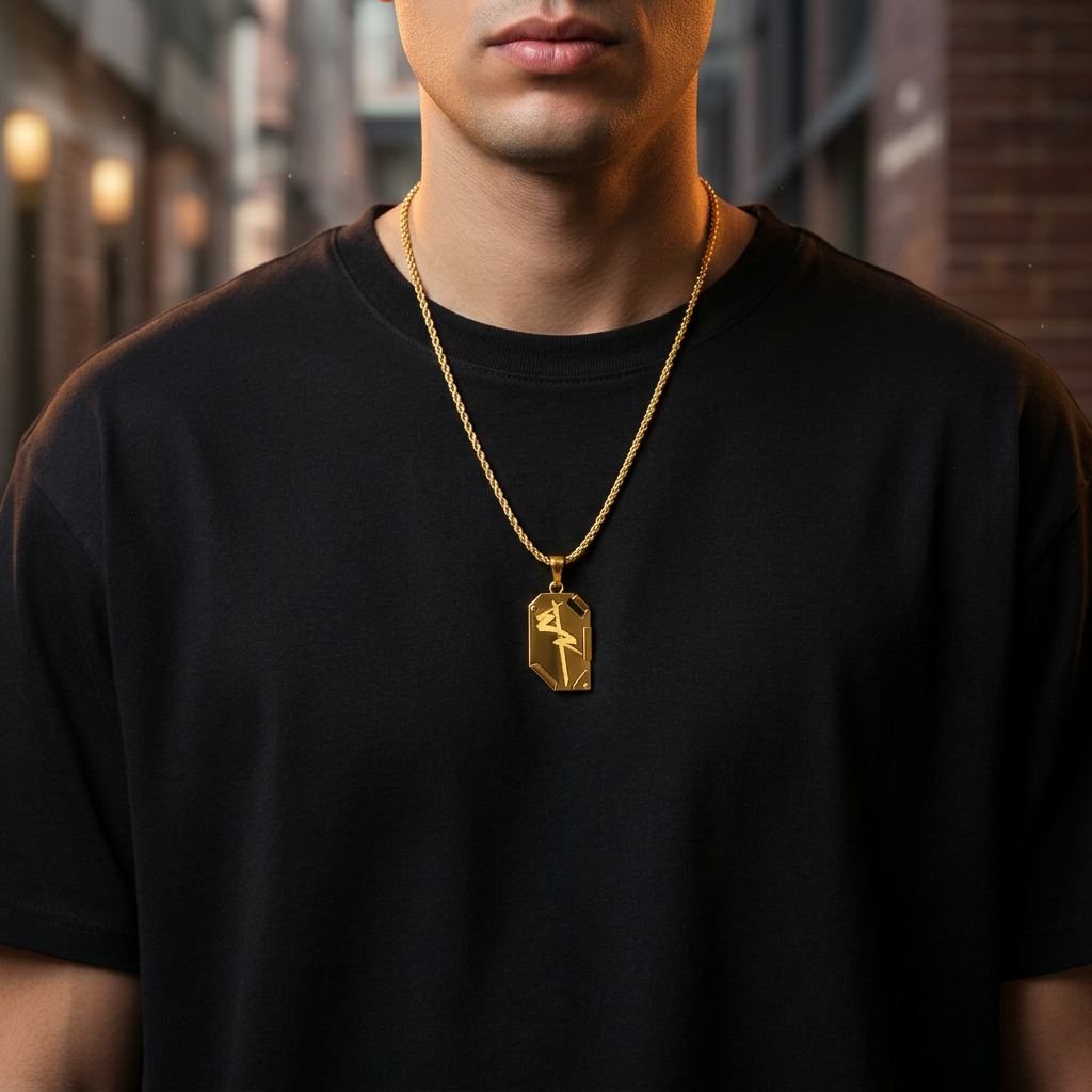 Man wearing a black t-shirt with a gold necklace featuring a hexagonal pendant.