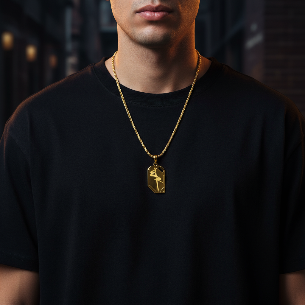 Man wearing a black t-shirt with a gold necklace featuring a hexagonal pendant.