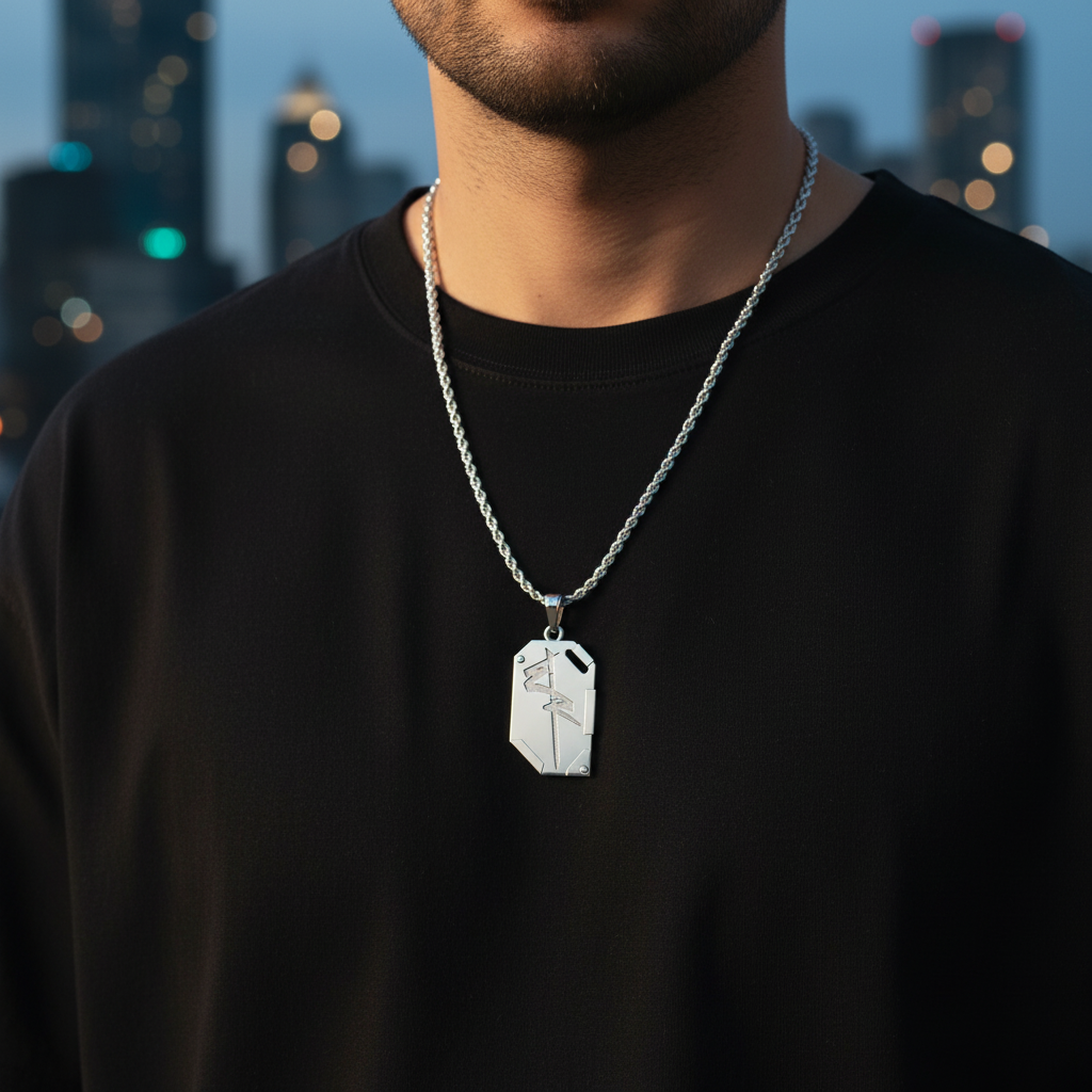 Person wearing a black shirt with a silver necklace featuring a pendant against a cityscape background