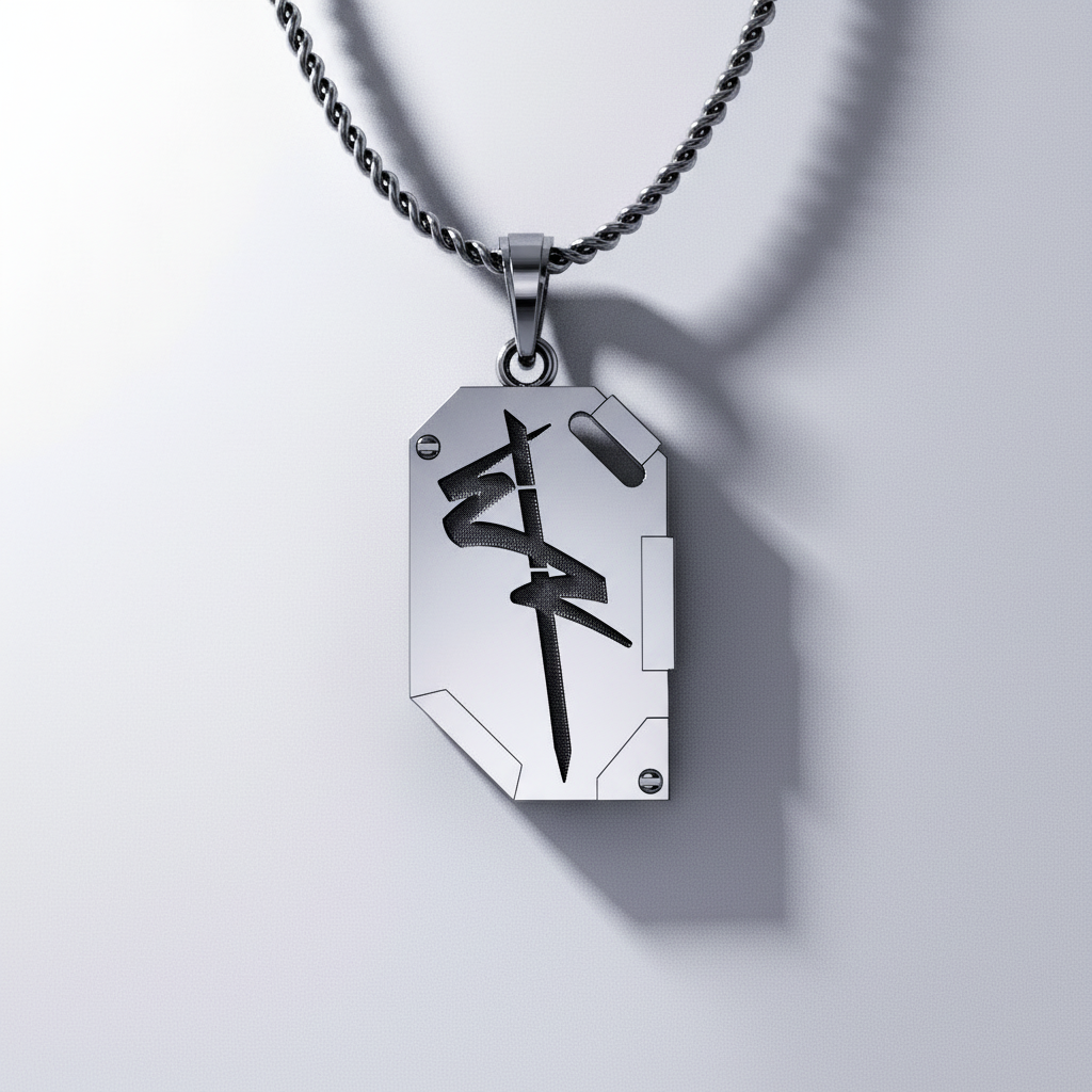 A silver pendant with a chip-inspired design on a chain, set against a dimly lit, grunge-style background featuring a character.