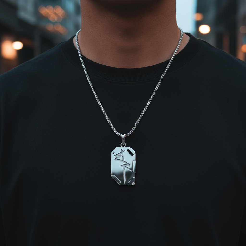 Person wearing a black shirt with a silver necklace featuring a geometric pendant.