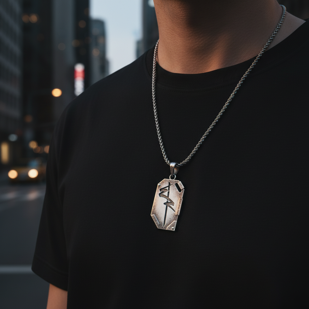Person wearing a black t-shirt with a silver pendant necklace against a blurred cityscape background