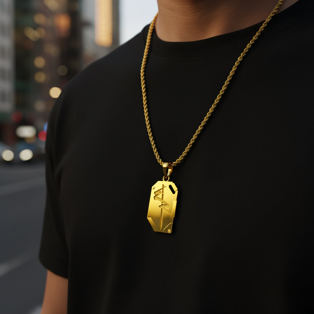 Person wearing a gold necklace with a pendant on a blurred city street background