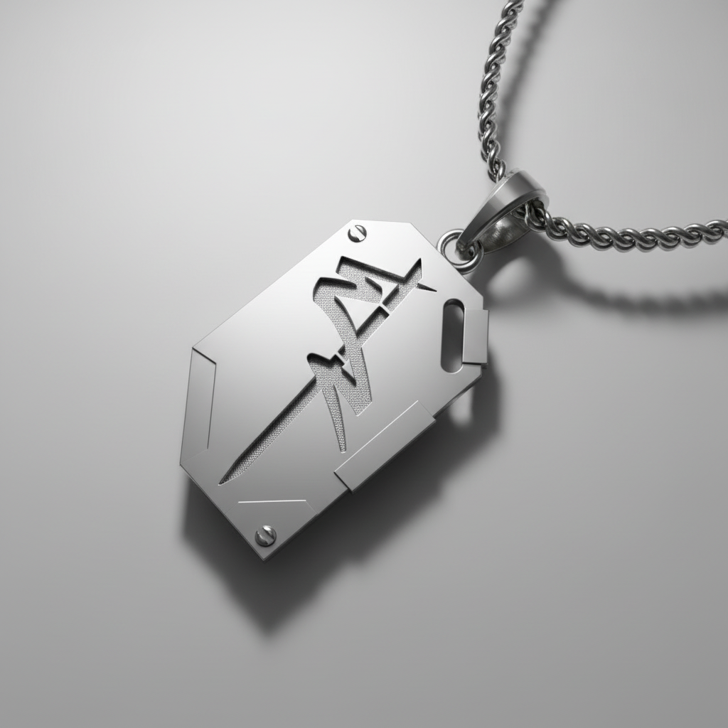 Silver pendant with engraved design on a light gray background