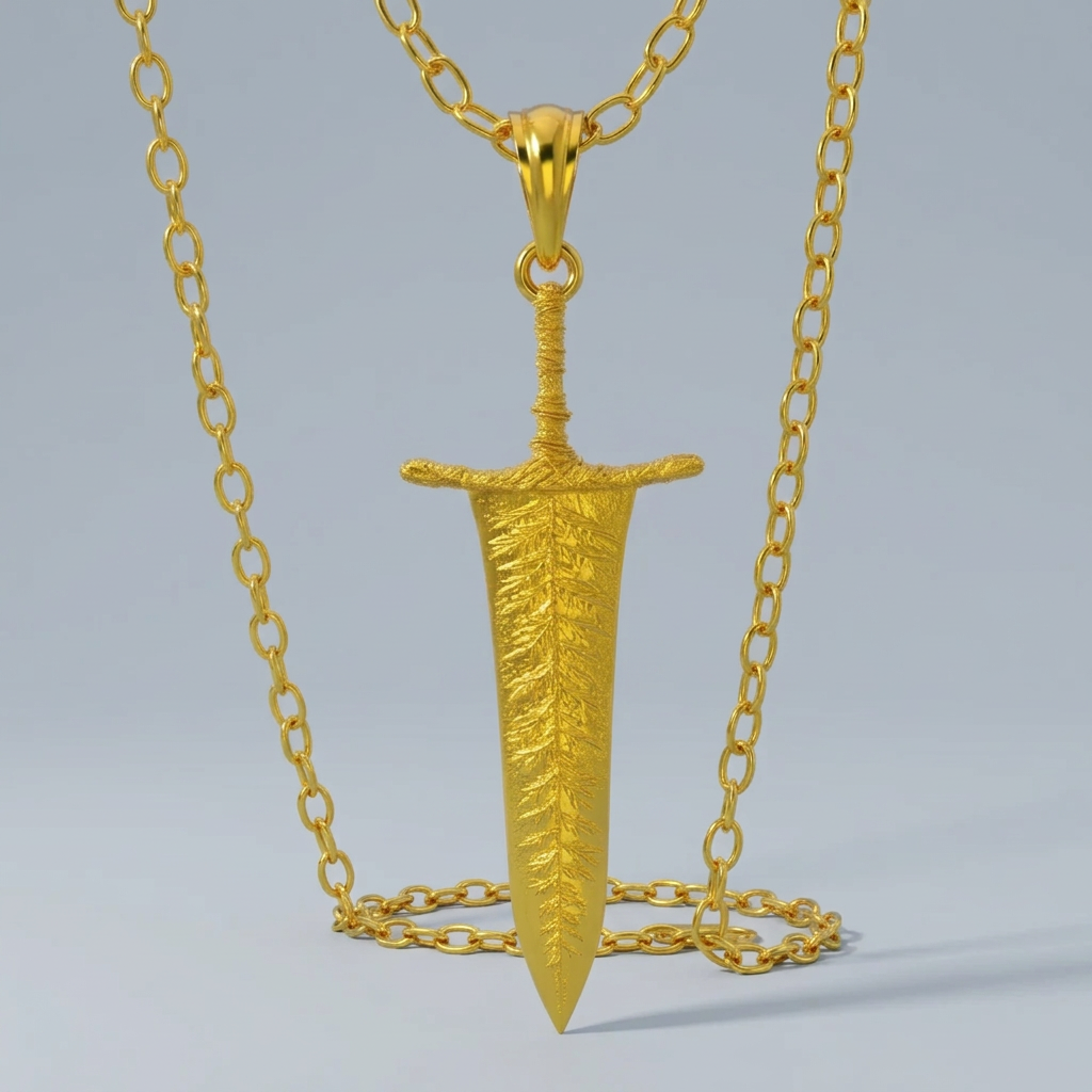 Gold sword-shaped pendant on a chain against a white background