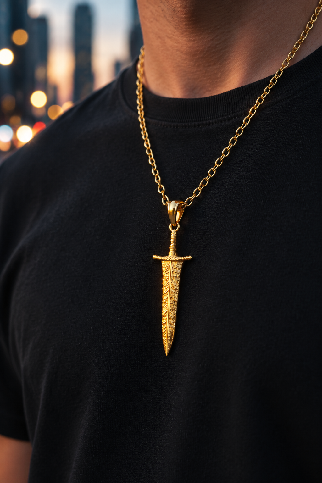 Person wearing a black t-shirt with a gold chain and dagger pendant against a blurred cityscape background.