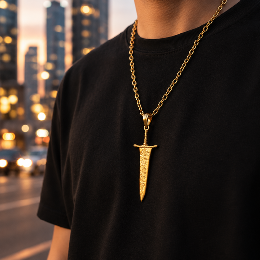 Person wearing a black t-shirt with a gold chain and dagger pendant in an urban setting.