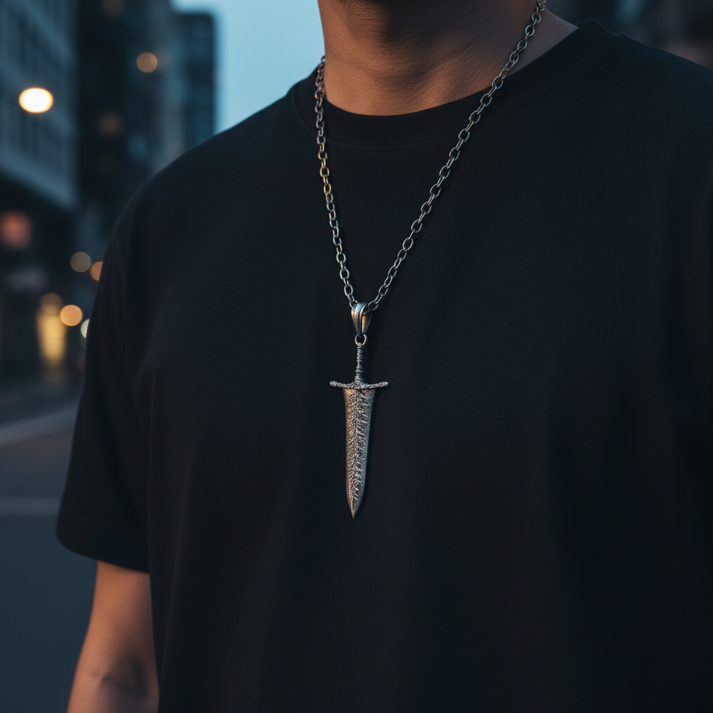 Person wearing a black t-shirt with a silver dagger pendant necklace against a blurred cityscape background.