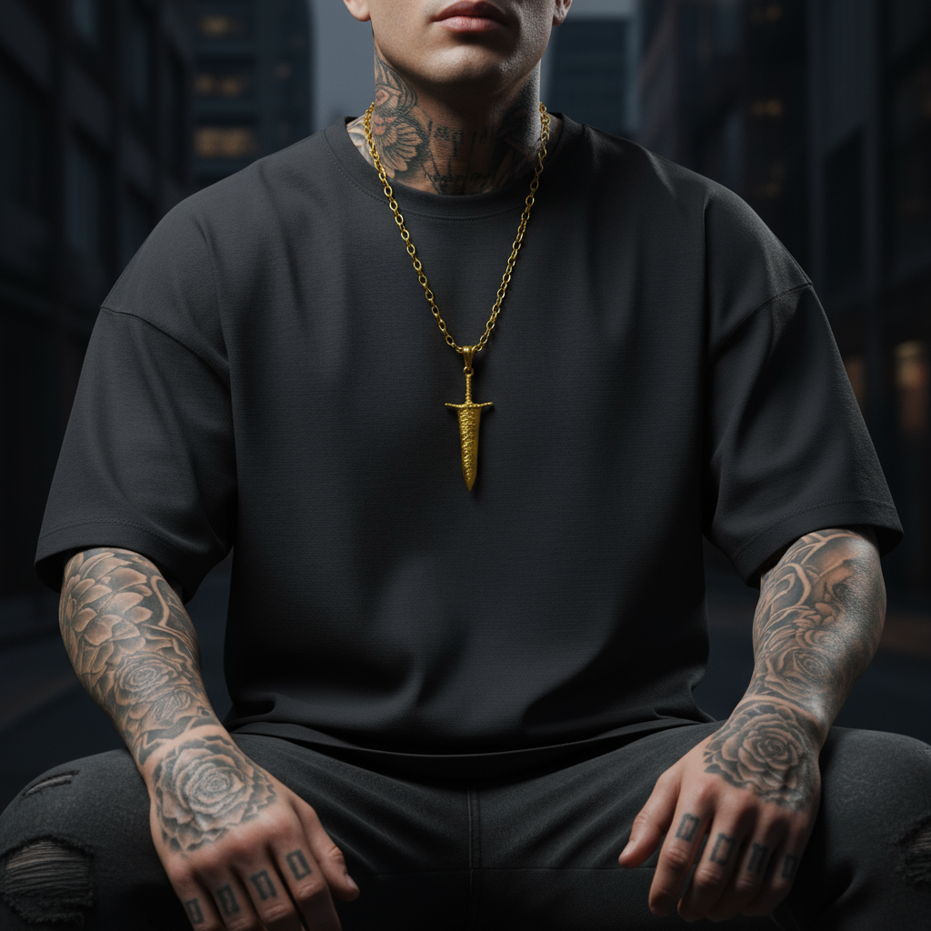 Person wearing a black shirt and gold chain with a dagger pendant, sitting in a dark setting.