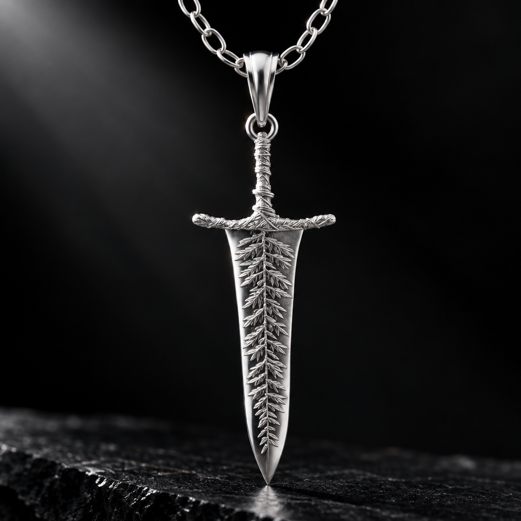 Silver sword-shaped pendant on a chain against a dark background