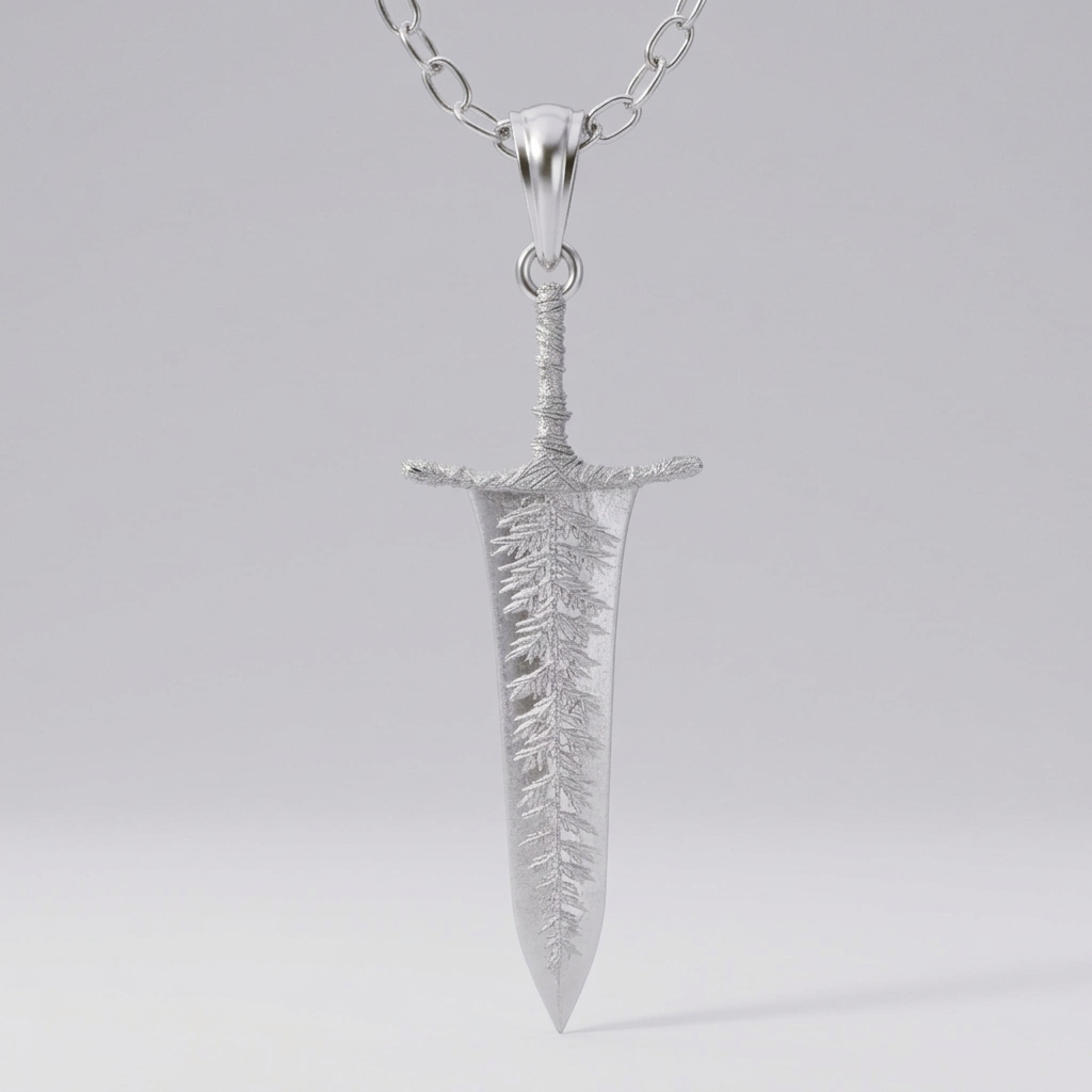 Silver sword-shaped pendant on a chain against a white background