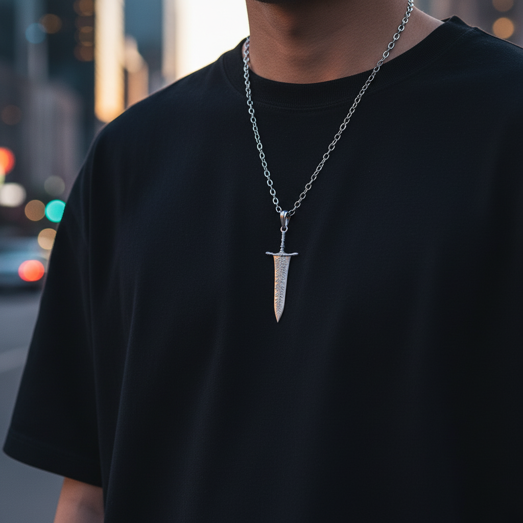 Person wearing a black t-shirt with a silver necklace featuring an arrow pendant, blurred city lights in the background.