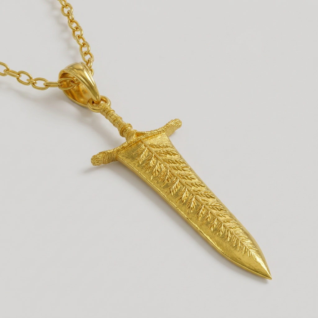 Gold dagger-shaped pendant on a chain against a light gray background