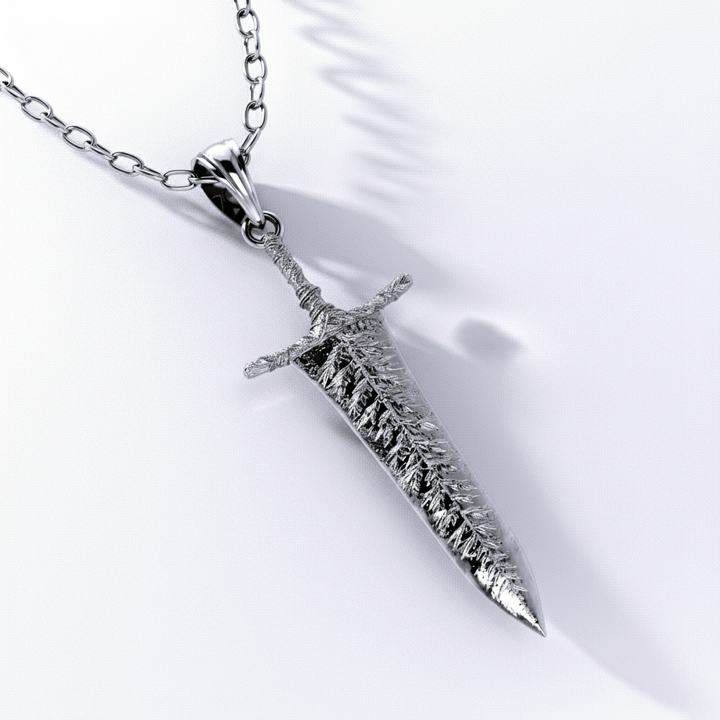 Silver dagger-shaped pendant on a chain against a white background