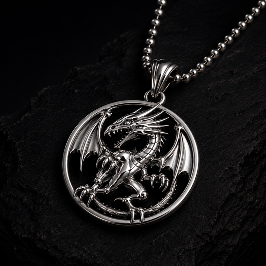 A silver dragon pendant necklace on a matching ball chain, displayed on a dark textured rock background.